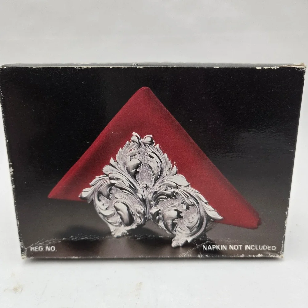 Vintage Ornate Silver Tone Napkin Holder Scroll Design NIB Hong Kong Baroque New
